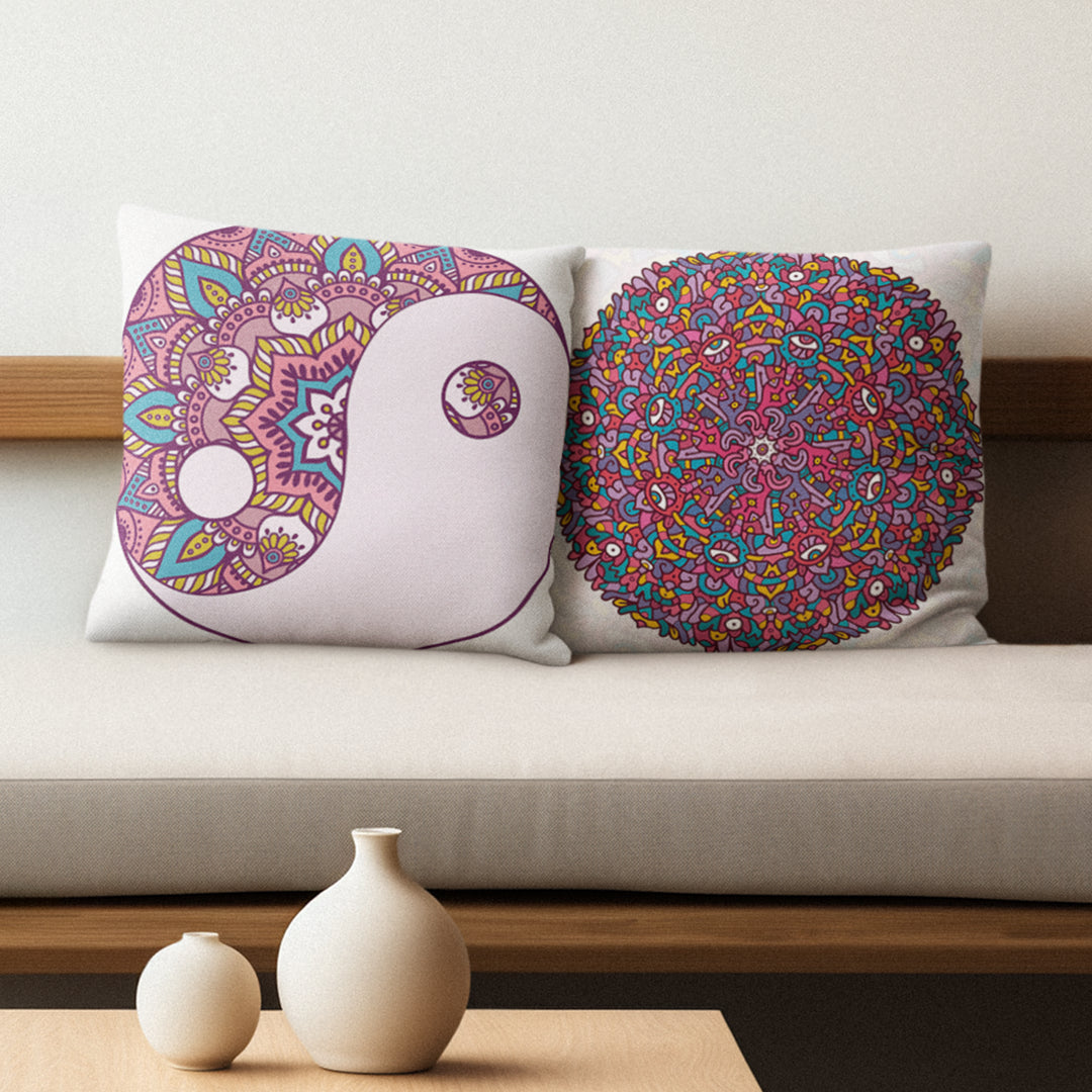 Set of two decorative cushions with fillers, featuring Mandala and Zen designs, with intricate patterns and soft, premium fabric for a serene and elegant look.