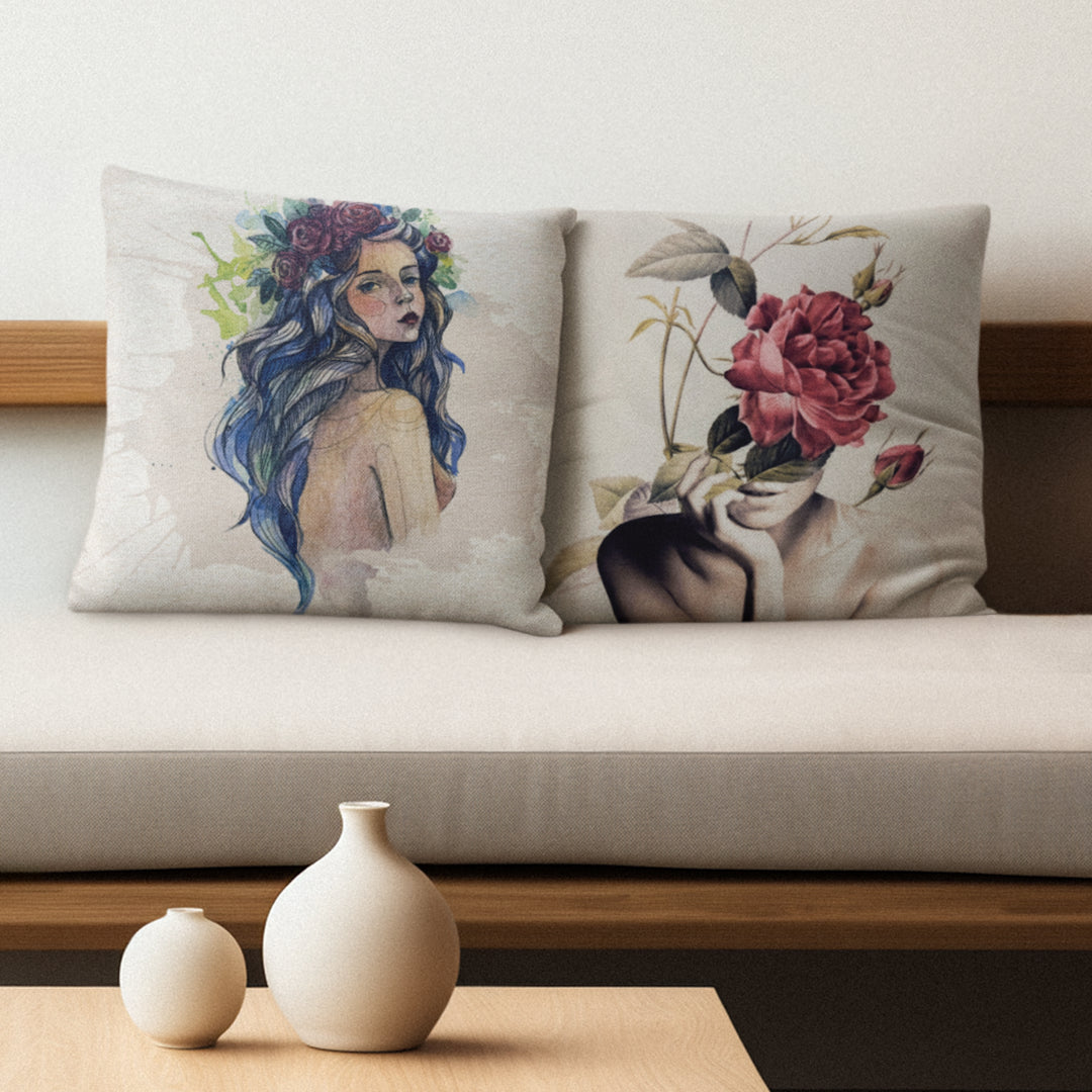 Set of two decorative cushions with fillers, featuring Serenity and Mystique designs, crafted from soft, high-quality fabric with elegant patterns for a cozy and stylish touch.