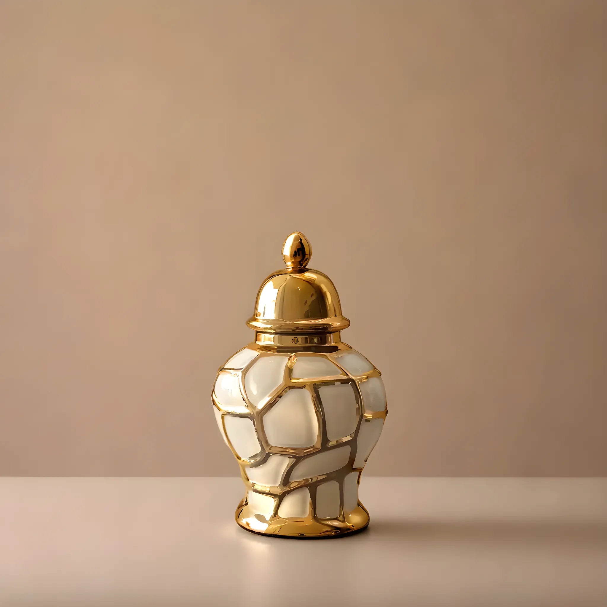 Noor decorative urn with a sleek, elegant design, featuring intricate detailing and a glossy finish, ideal for enhancing the aesthetic of any room.